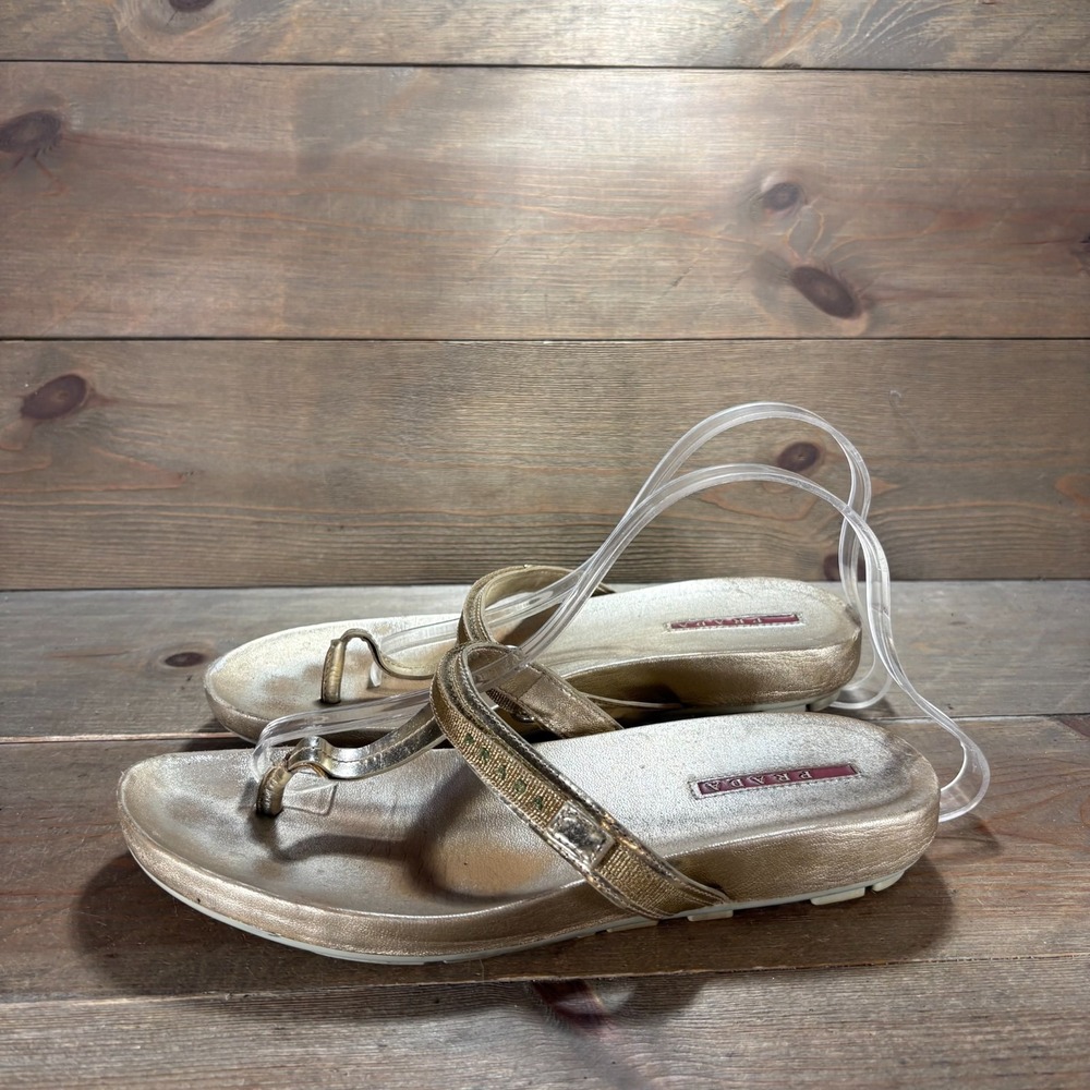 Prada Womens size 39 shoes Gold Leather Thong Y2K Ankle Wrap sandals